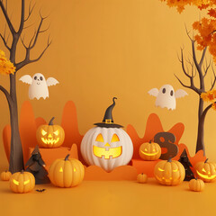 Jack O'Lantern pumpkins and cute Halloween decorations in yellow color tone with copy space for text. Volume 7. Square aspect ratio.