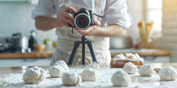 A pastry chef vlogs while baking with a camera on a tripod. Concept Cooking Channel, Baking Tips, Pastry Recipes, Vlog Setup, Food Photography