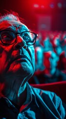 Fototapeta premium Alone in a dimly lit movie theater. A senior man watches a dramatic film scene. His face illuminated by red and blue lights