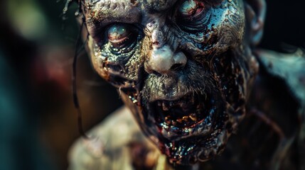 Terrifying zombie man growls menacingly with decaying flesh, embodying halloween horror. His bloodied appearance evokes fear in a post-apocalyptic world