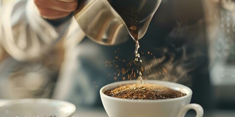 Brewing Coffee Barista's Technique for Rich Aroma and Flavor. Concept Coffee Brewing, Barista Techniques, Aroma, Flavor, Coffee Beans