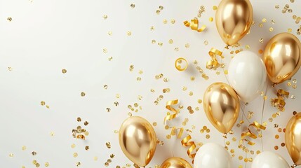 White gold balloon background and scattered gold paper. Premium background