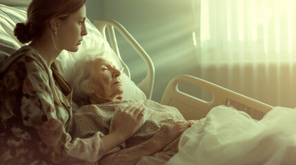 Nurse providing gentle care to a terminally ill patient, caring expression and serene environment, upper third copy space
