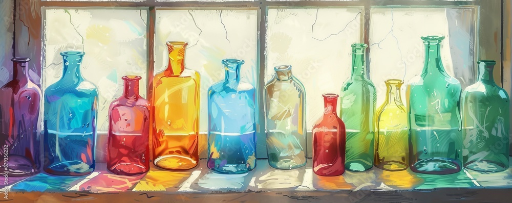 Aufkleber array of vibrant glass bottles in various shapes and sizes are sitting on a weathered windowsill, ba