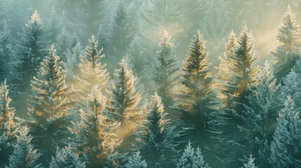 Green coniferous trees in a winter morning