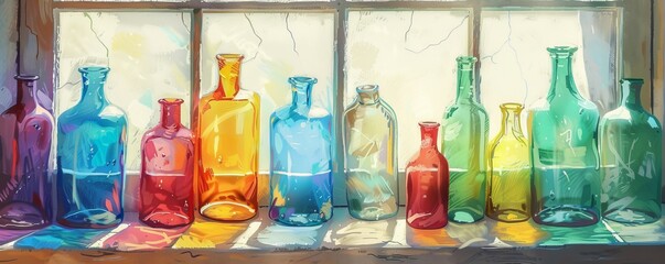 Array of vibrant glass bottles in various shapes and sizes are sitting on a weathered windowsill, bathed in warm sunlight streaming through the old, cracked window