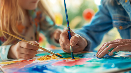 Patient and caregiver painting together, colorful and creative interaction, right third copy space