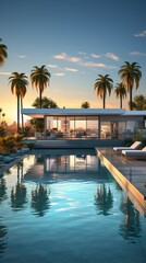 Fototapeta premium a house with palm trees and a pool in front of a sunset.
