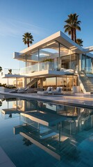 Fototapeta premium a house with palm trees and a pool in front of a sunset.