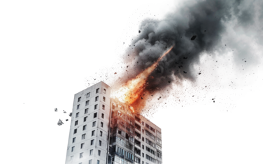 A building destroyed by a missile impact isolated on transparent background.