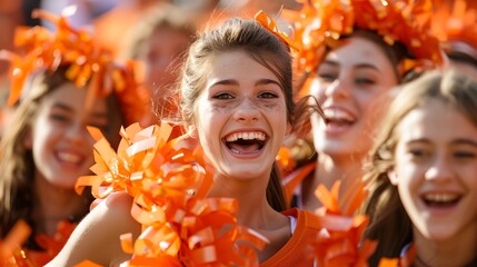 a group of girls in orange