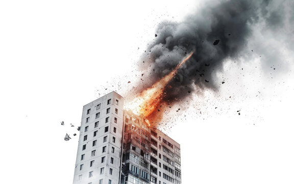 A building destroyed by a missile impact isolated on transparent background.