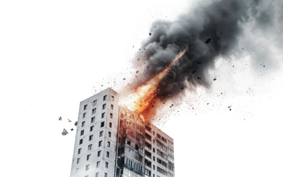 A building destroyed by a missile impact isolated on transparent background.