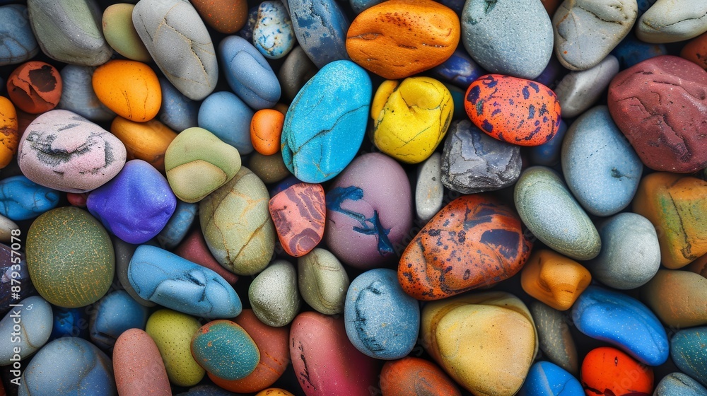 Poster colorful pebbles with unique patterns create a vibrant, textured background. natural and artistic de