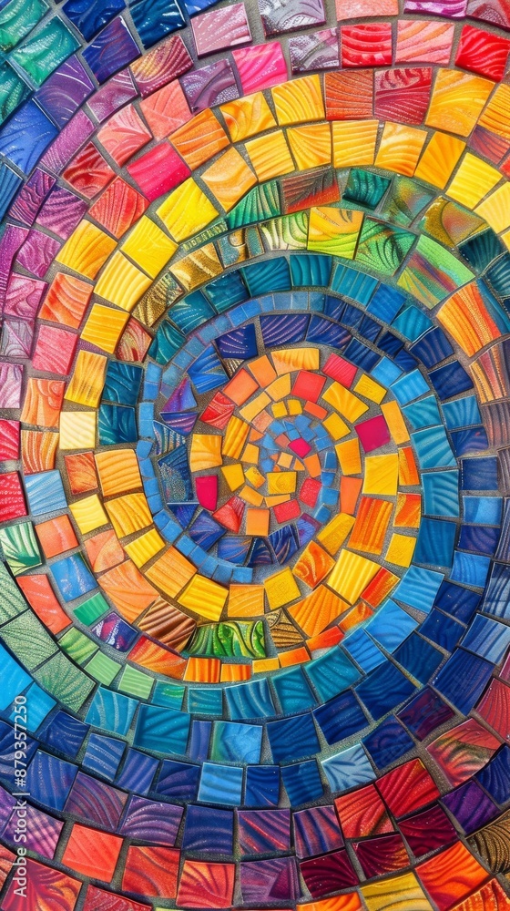 Poster colorful mosaic tiles forming concentric circles with a variety of colors and textures, creating a v