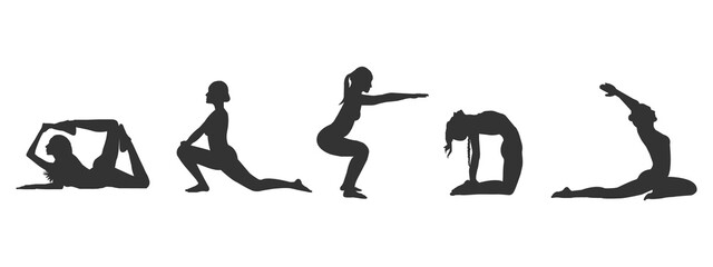Yoga day with different posing silhouette isolated on transparent background.