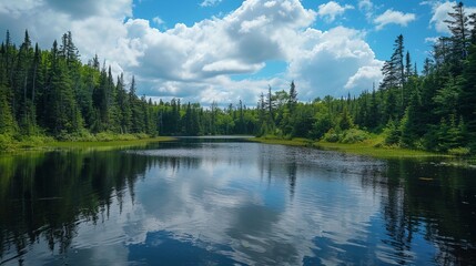 Fototapeta premium a lake surrounded by trees and a forest with clouds in the sky above it