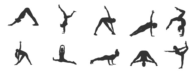 A set of silhouettes of yoga pose icons, gymnastic exercises isolated on transparent background.