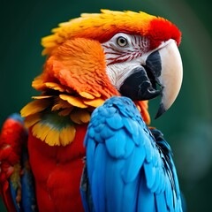 A colorful macaw perched on a branch in a wide shot, high-resolution image.