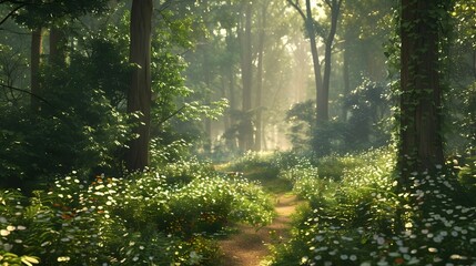 Fototapeta premium Sunlight filters through a dense forest, illuminating a path surrounded by lush greenery, wildflowers, and tall trees with vines. The serene scene evokes tranquility.