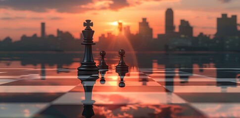 Chess King Overlooking City Skyline at Sunset, Reflecting Strategy and Urban Beauty - Generative AI