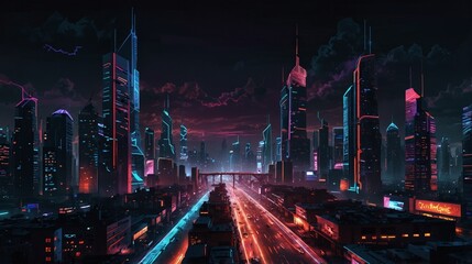 A digital artwork of a futuristic cityscape, towering skyscrapers with neon lights, flying cars zipping through the air. Dark, moody tones with bright highlights from the neon signs. Created Using: di