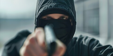 Person in black mask and hooded jacket being threatened by armed attacker. Concept Threatening Encounter, Self-Defense, Personal Safety