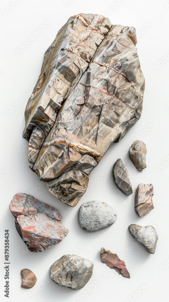 Poster large rock with a rough surface and visible layers is surrounded by smaller rocks of various shapes,