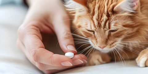 Owner giving pill medicine to sick cat for pets health. Concept Cat health, Pet care, Medicating animals, Responsible pet ownership, Promoting pet well-being