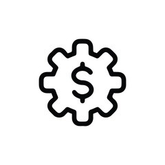 Simple black and white line icon of a gear with a dollar sign