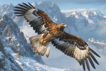 Fototapeta premium A golden eagle soars high above the rugged peaks of a mountain range