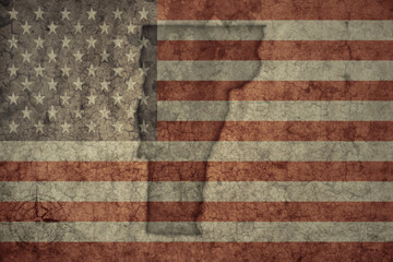 map of vermont state and flag of united states of america on a old vintage crack paper background .
