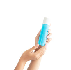 Hand gestures present cream lotion bottle isolated on white