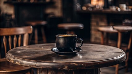 Obraz premium Picture of a vintage style black ceramic coffee mug on a round table in an old wooden cafe. ancient atmosphere