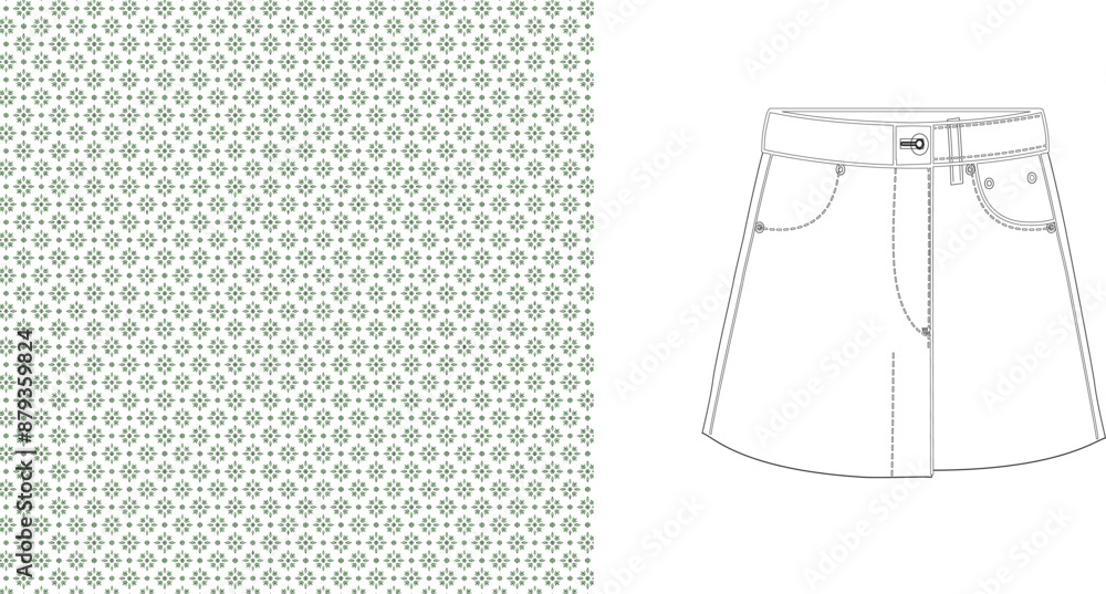 Poster patterned background and a white skirt outline with pockets and a belt loop on a white background
