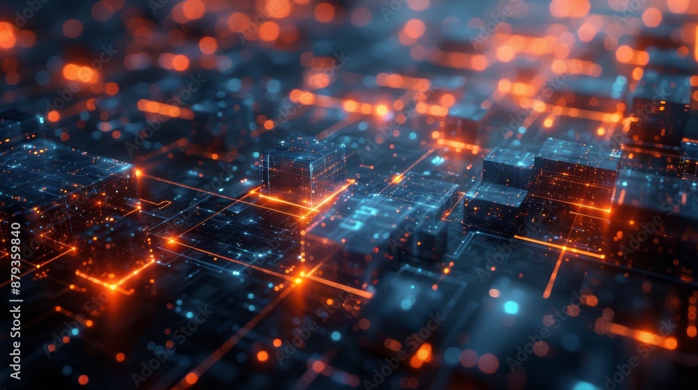 Poster glowing blue and orange data blocks are transferring information on a complex network, symbolizing t