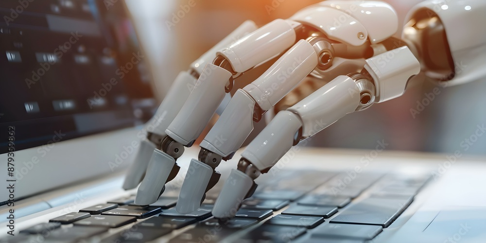 Poster a robotic hand types on a laptop keyboard showcasing advanced automation. concept robotics, automati