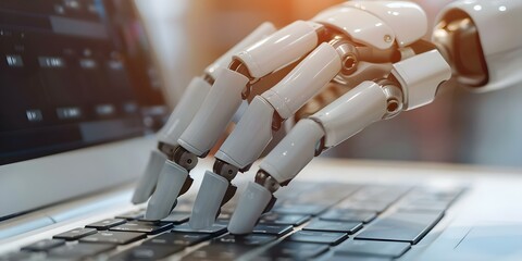 A robotic hand types on a laptop keyboard showcasing advanced automation. Concept Robotics, Automation, Technology, Innovation, Artificial Intelligence