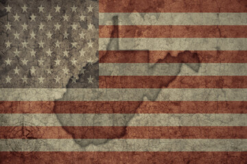map of west virginia state and flag of united states of america on a old vintage crack paper...