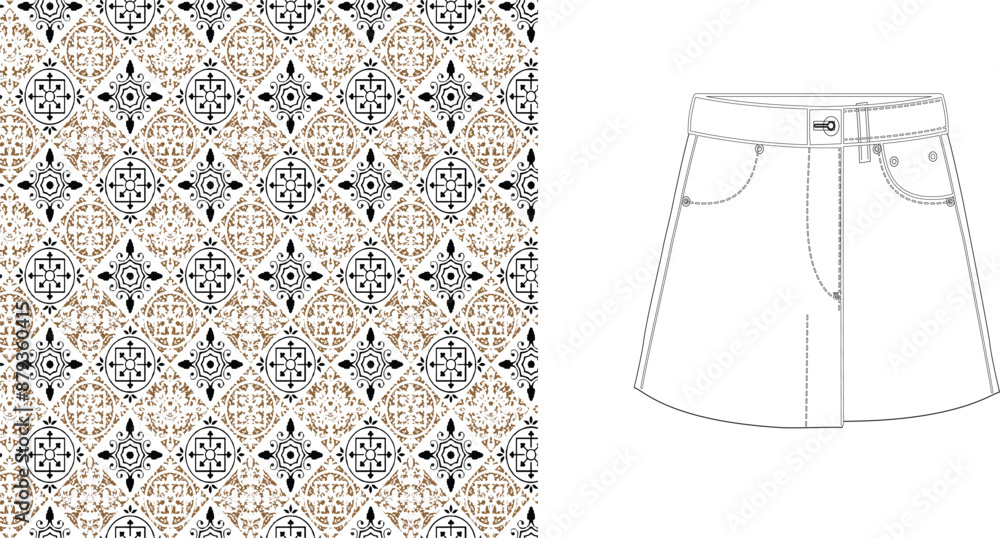 Poster ornate pattern background and a white skirt outline on a white background in a simple composition