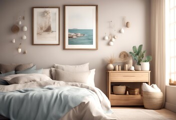 background modern furniture interior mockup render home ai coastal design wall bedchamber room apartment home generative boho style interior 3d bedroom