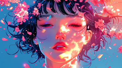 Fototapeta premium close up face of girl Japanese in flower petals style anime