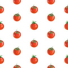 Fresh ripe cherry tomatoes on a branch, hand drawn watercolor illustration, seamless pattern