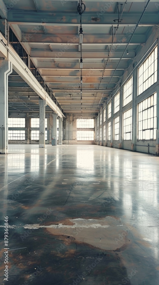 Poster sunlight shines through large windows in an empty warehouse. illuminating stained concrete floors. t