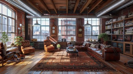 Fototapeta premium Living room interior in loft, industrial style