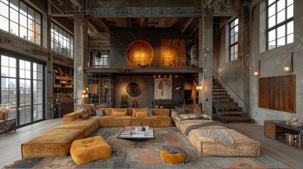 Living room interior in loft, industrial style