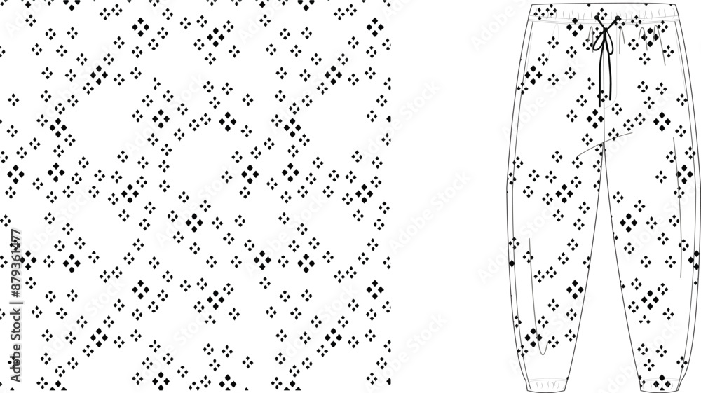 Poster a pair of white sweatpants with a black floral pattern next to a repeating pattern of the same desig