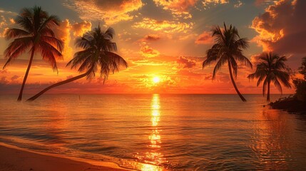 Serene Sunset: Golden Hues Over Ocean with Silhouetted Palm Trees Captured with Nikon D780 Photography