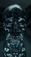 Crystal skull on reflective surface creates eerie, spooky atmosphere perfect for halloween designs. The skull's glass material enhances macabre feel with death symbolism