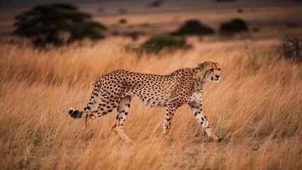 Obraz premium Alone Cheetah walking in the grass wallpaper